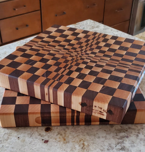 Angled view of 3D end-grain cutting board veteran-made in San Diego by Mostad Works