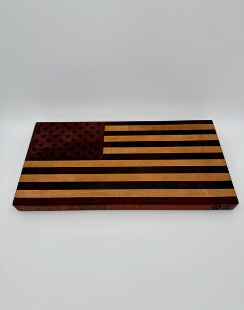 American flag end-grain cutting board in maple padauk and purpleheart handcrafted in San Diego