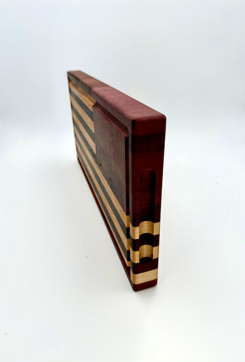 Side view of American flag cutting board showing thickness veteran-made in San Diego