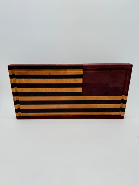 Front view of American flag end-grain cutting board handcrafted in San Diego