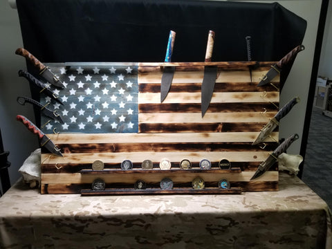 American flag hanging knife display and coin holder handcrafted in San Diego by Mostad Works