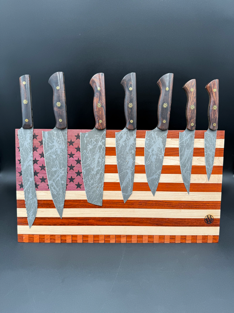 American flag magnetic knife block with knives handmade in San Diego by Mostad Works