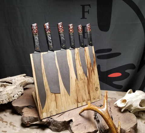 Black Limba magnetic knife holder with knives handcrafted in San Diego by Mostad Works