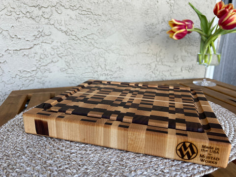 Chaos end-grain cutting board lifestyle shot handcrafted in San Diego by Mostad Works