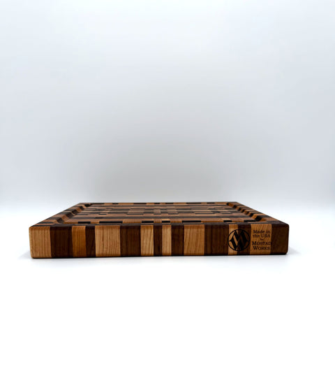 Top view of chaos pattern end-grain cutting board veteran-made in San Diego