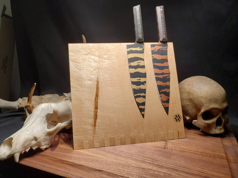 Curly Maple magnetic knife holder with knives handcrafted in San Diego by Mostad Works
