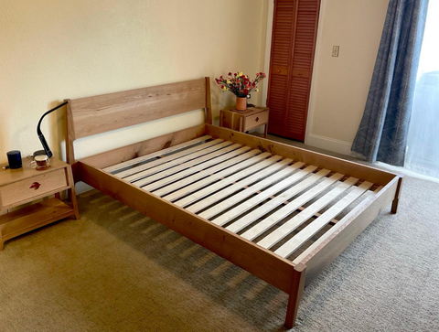 Hardwood bed frame handcrafted by veteran woodworker of Mostad Works in San Diego