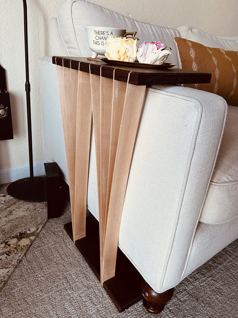 Side view of custom walnut sofa arm table made to order in San Diego