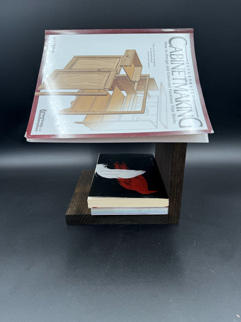 Side view of dark hardwood book holder made by Mostad Works San Diego