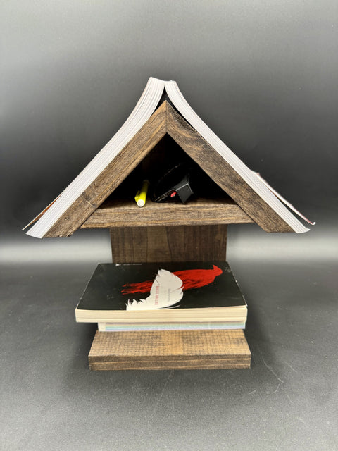 Dark hardwood bedside book holder with open book handmade in San Diego