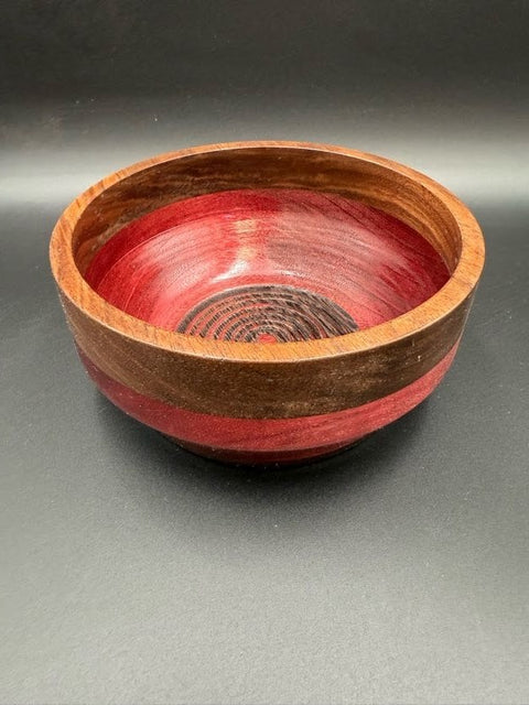 Red and walnut turned wood bowl handcrafted in San Diego by Mostad Works