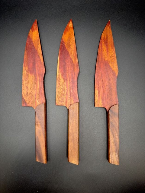 Three exotic wood cake knives side by side handmade in San Diego