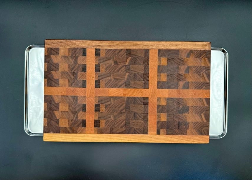 End-Grain Cutting Board With Slide-Out stainless Trays
