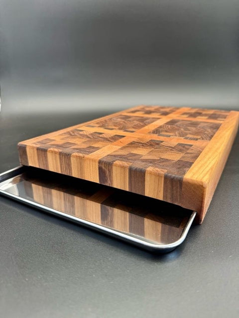 End-Grain Cutting Board With Slide-Out stainless Trays