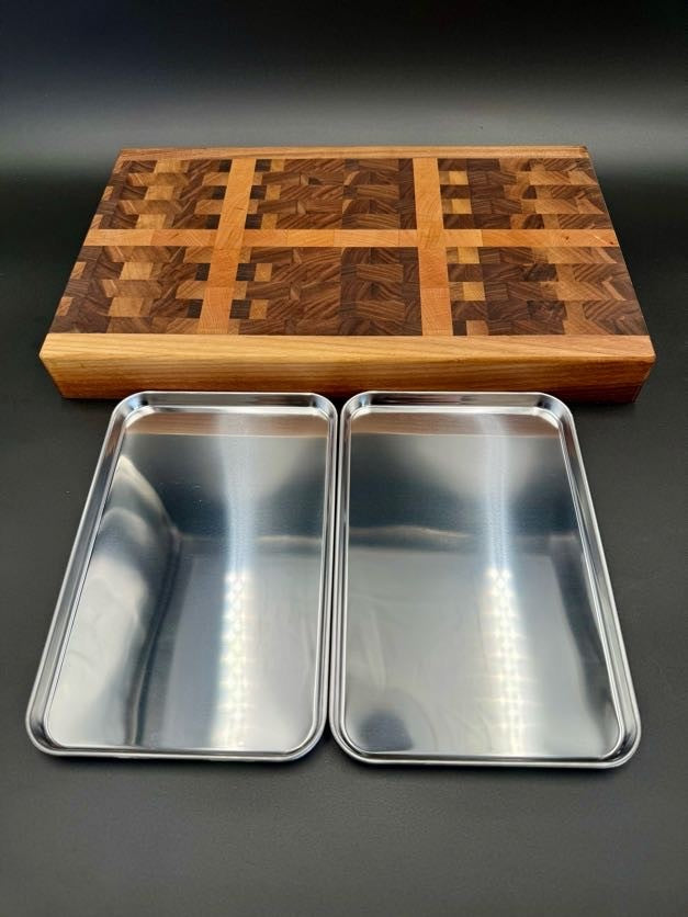 End-Grain Cutting Board With Slide-Out stainless Trays