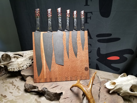 Angled view of Lacewood magnetic knife holder with knives veteran-made in San Diego