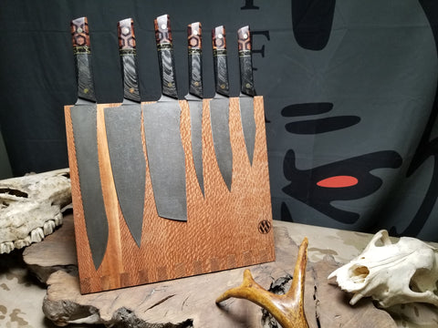 Lacewood magnetic knife holder with knives handcrafted in San Diego by Mostad Works