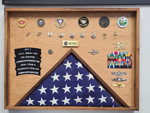 Custom made military shadow box for a retiring Navy SEAL handcrafted by veteran owner of Mostad Works in San Diego