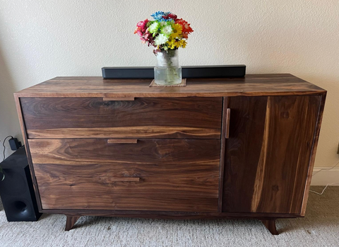 Custom solid walnut dresser with drawers and cabinet handcrafted in San Diego by Mostad Works