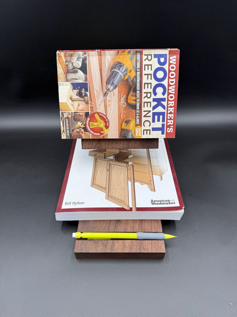 Walnut wood book holder displaying open book handmade in San Diego