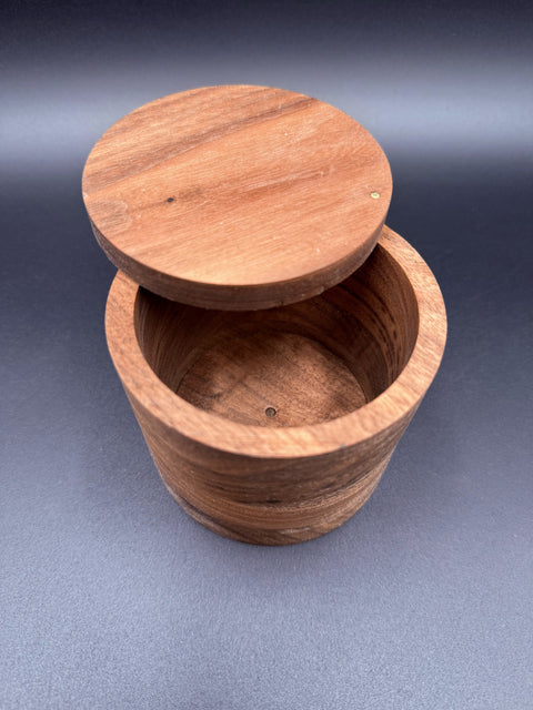 Angled view of walnut wood salt cellar open handcrafted in San Diego