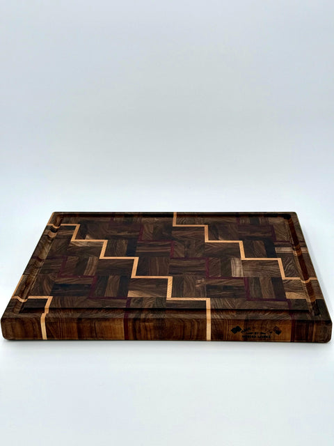 Walnut maple purpleheart staircase pattern cutting board handcrafted in San Diego