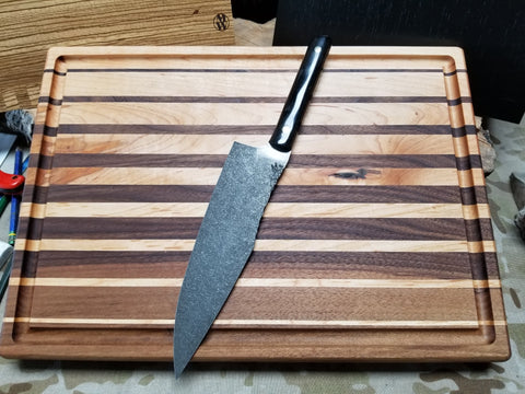 Top view of walnut maple gradient cutting board handmade in San Diego by Mostad Works