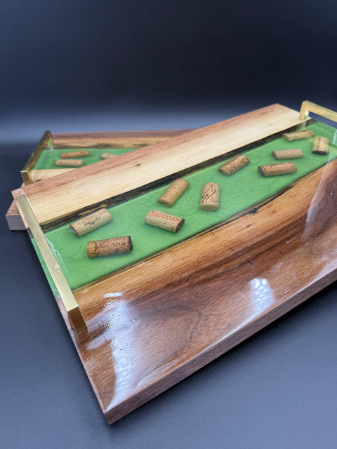 Angled view of wood and epoxy wine cork serving tray made in San Diego by Mostad Works