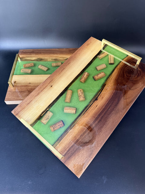 Close view of green epoxy and walnut serving tray handmade in San Diego