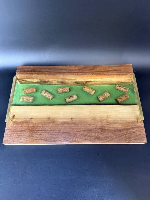 Walnut and green epoxy serving tray with wine cork inlay handcrafted in San Diego