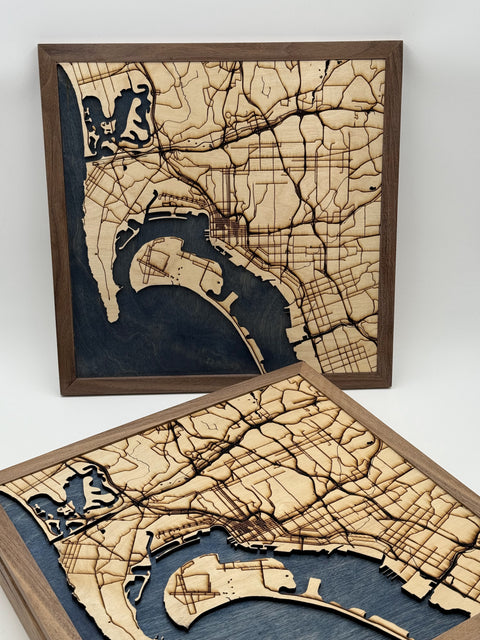 Close-up detail of laser cut layered wood San Diego map made in San Diego