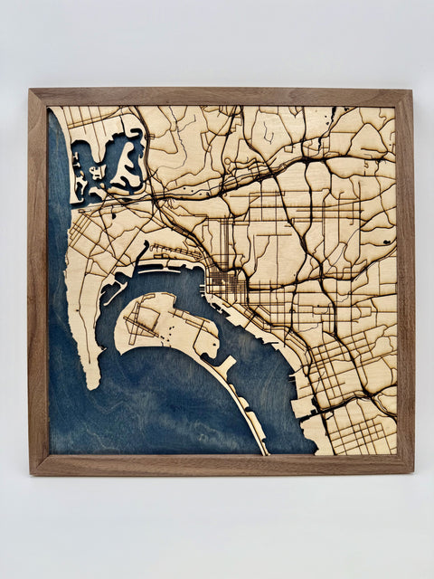 Handcrafted wooden San Diego map with blue ocean backdrop veteran-made in San Diego