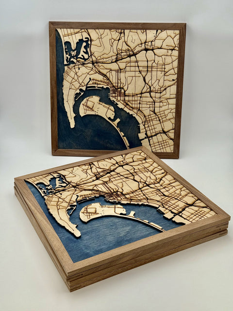 Layered wood San Diego map wall art handcrafted in San Diego by Mostad Works