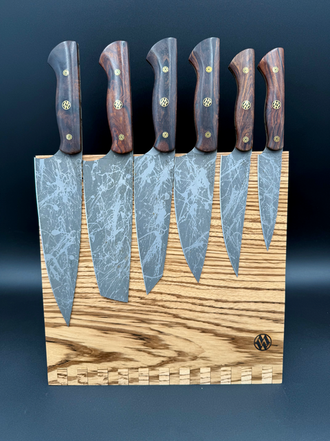 Zebrawood magnetic knife holder with knives handmade in San Diego by Mostad Works